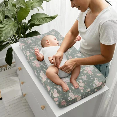 Printed Muslin Changing Pad Cover by Owlowla, Cream and Olive Floral