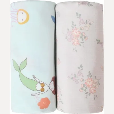 Muslin Swaddle Blankets, Two-Pack by Owlowla, Gray Floral and Mermaid