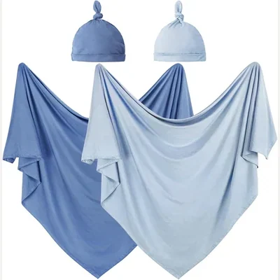 Two-Pack Newborn Swaddle and Hat Set by Owlowla, Baby Blue and Steel Blue