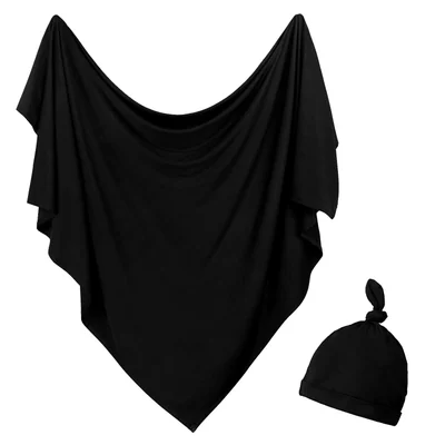 Stretch Knit Newborn Swaddle and Beanie Set by Owlowla, Black