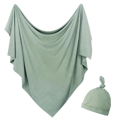 Stretch Knit Newborn Swaddle and Beanie Set by Owlowla, Olive